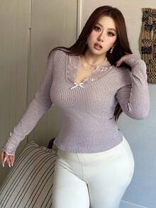 Dazy Plus 撞色蕾丝性感修身露脐长袖百搭T恤，柔和紫色，春秋季 - 淡紫色 - 查看 6