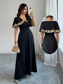 SHEIN Raffinéa Đầm ôm eo viền hoa vàng sang trọng, gợi cảm, thanh lịch, đa năng dành cho nữ, thích hợp mặc hàng ngày vào mùa xuân, hè và thu. - màu đen - Xem 1