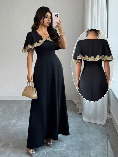 SHEIN Raffinéa 女士性感、优雅、百搭的日常金色花卉饰边修身连衣裙，适合春、夏、秋季穿着。