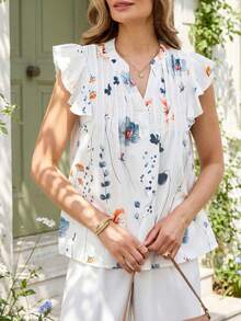 Isle Nomé Blus Wanita Kasual Musim Semi Bergaris Kerah Ruffle Trim Lengan Pendek Motif Bunga Bertekstur Leher V - MultiWarna - View 6