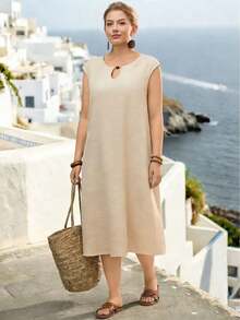 Parysyn 大码梭织休闲度假简约夏季女式背心裙 - 杏色 - 查看 3