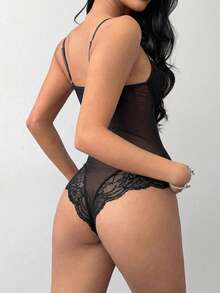 Aloruh Women's Sexy Sheer Mesh & Contrast Lace Sleeveless Bodysuit, Summer - Black - View 2