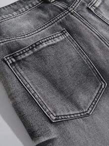 Manfinity EMRG Men's Letter Print Pocket Frayed Hem Loose Fit Casual Jeans - Grey - View 6