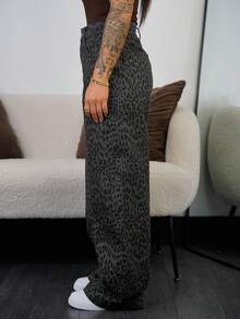 SAYEHFBABY 女式豹纹高腰宽松阔腿牛仔裤 - 藍色 - 查看 5