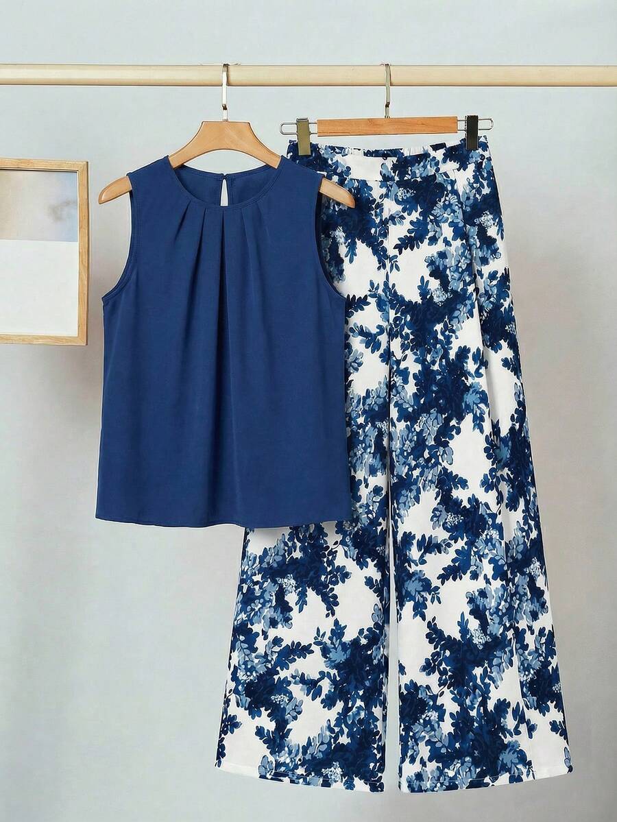 SHEIN Clasi 优雅女士纯色纹理褶皱上衣和花朵阔腿裤套装 - 藍色 - 查看 1