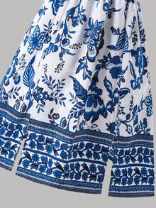 SHEIN 夏季少女碎花印花露背高开衩镂空腰部沙滩长裙 - 藍色 - 查看 9