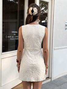 Elyressa Embroidered Textured Fabric Deep V-Neck Sleeveless Metal Buckle Waist Slightly A-Line Hem French Style Vacation Dress For Women - Apricot - View 3