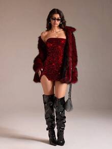 SHEIN TRNDY 1pc Black Sequin Embellished Bodycon Mini Skirt, Stretchy Fitted High Slit Casual Sexy Party Clubwear For Women, Autumn/Winter, Christmas, New Year