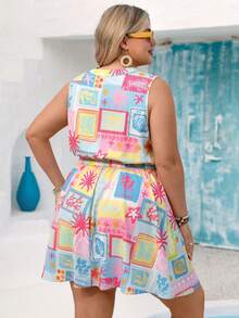 Vivid Eden 大码春夏休闲度假V领修身A字休闲艺术方格印花女士沙滩连衣裙 - 彩色 - 查看 2