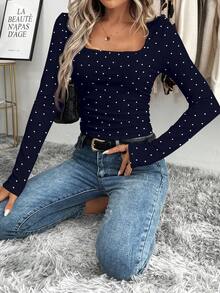 SHEIN LUNE 女士休闲长袖T恤，适合秋冬季叠穿 - 藏蓝色 - 查看 5