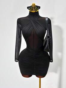 Mistrie Mesh Patchwork Sheer Sexy Stand Collar Long Sleeve Dress - Black - View 3