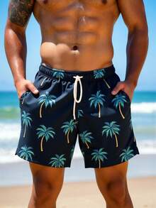 Manfinity Swimmode Men's Palm Tree Pattern Casual Elastic Waist Drawstring Beach Shorts - Navy Blue - View 4
