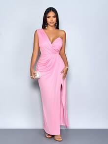 SOLERSUN 女士优雅浅粉色不对称领口褶皱开衩大腿晚礼服紧身连衣裙，适合舞会、鸡尾酒会、婚礼宾客和红毯活动的正式礼服 - 淺粉色 - 查看 5