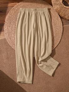 Rusticease 大码女式早春休闲度假蕾丝拼接纯色卡其色七分裤，带口袋 - 卡其色 - 查看 4