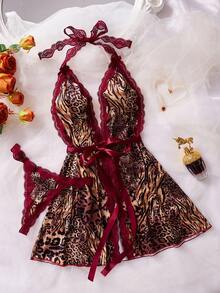 2pcs Lace Contrast Mesh Sexy Nightgown Set (Halter Neck + Sexy + Animal Print + Panty) - Multicolor - View 1