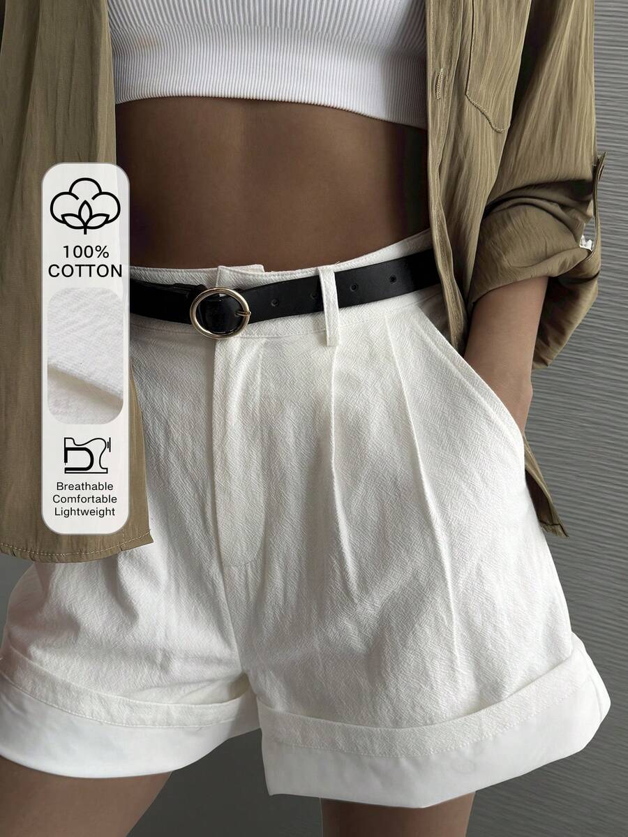 DAZY 女士纯色褶裥口袋休闲百搭日常短裤 - 米色 - 查看 1