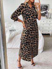 Breezaya 翻领长袖豹纹开襟长款衬衫裙女装