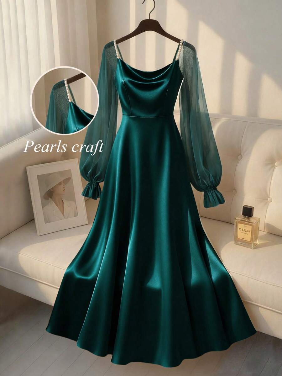 SHEIN Franclia Women's Elegant Satin Pearl Decor Long Sleeve A-Line Dress, Suitable For Commuting, Party And Gathering - Dark Green - View 1