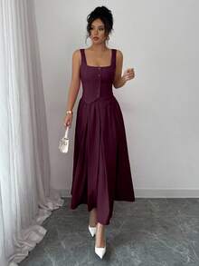 Rafferiza Conjunto de 2 piezas de mujer con chaleco sin mangas de cuello cuadrado de un solo botonadura y falda plisada acampanada, versátil para uso diario - Rojo violeta - Ver 6