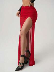 SHEIN ICON Chân váy nữ thời trang, gợi cảm, màu trơn, xẻ cao, chất liệu hơi xuyên thấu. - Đỏ - Xem 3