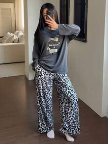 DAZY Happy Dog Print Loose T-Shirt Top & Leopard Allover Print Pajama Pants Women Sleepwear Set - Dark Grey - View 5