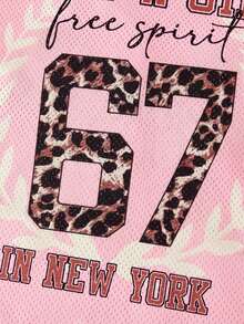 SHEIN 少女休闲街头风 Y2K 豹纹 67 标语拼接网眼 V 领罗纹饰边宽松落肩短袖针织 T 恤，粉色 - 粉色 - 查看 7
