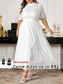 SHEIN CURVE+ 大码女装春夏优雅浪漫气质日常通勤海滩度假立领褶皱高腰A字伞裙喇叭袖白色长裙 - 白色 - 查看 5