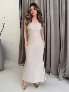 Jemour 1 件女士香槟色褶皱胸围鱼尾下摆长裙、礼服、海滩女士服装、派对女士连衣裙、新年前夜连衣裙、节日连衣裙、感恩节、波西米亚风 - 香檳色 - 查看 1