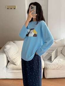 DAZY 2pcs Women Bear Pattern Loose Long Sleeve T-Shirt & Ditsy Floral Pants Pajama Set