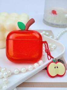 苹果图案半透明可爱3D保护壳，适用于 Pro 3/Pro 2/3代蓝牙耳机，兼容 2/4代 - 紅色 - 查看 2