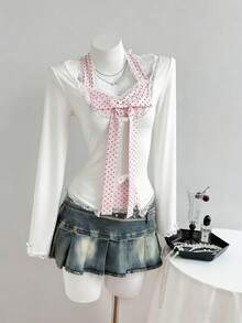 Elamini 女士休闲撞色波点蝴蝶结蕾丝边T恤，春秋季 - 白色 - 查看 4