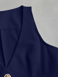 Sweetra Chaleco sin mangas de unicolor con cuello en V y botones metálicos - Azul Marino - Ver 4