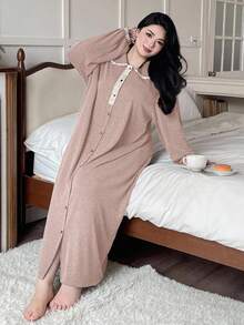 Dazy Plus Plus Size Women Peter Pan Collar Contrast Lace Half Open Front Loose Long Casual Nightgown, Spring/Autumn - Pink - View 6