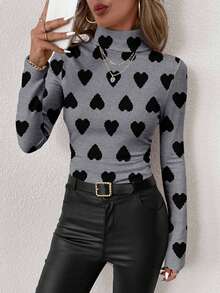 SHEIN Clasi 休闲简约女式情人节新年氛围心形印花高领打底T恤，适合搭配、户外、居家、通勤，时尚别致，情人节图案T恤 - 彩色 - 查看 6