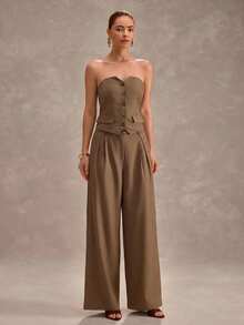 CLARA VERO Women's Brown Wide Leg Pants And Button Up Strapless Bustier Top Set – Two Pieces Summer Suit Outfit - Coffee Brown - View 4