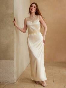 MOTF PREMIUM WOMEN'S LONG SATIN LACE EMBROIDERED PATCHWORK DRESS, SPRING/SUMMER - Apricot - View 2