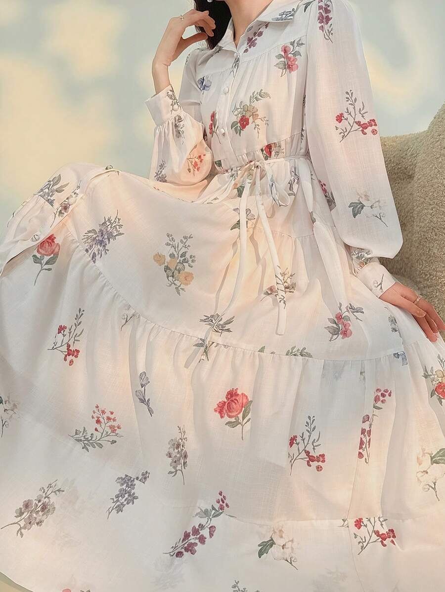 DAZY Đầm midi nữ thanh lịch tay phồng họa tiết hoa, có thắt lưng, thích hợp cho dự tiệc cưới mùa xuân/hè. - Màu be - Xem 1