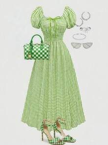 Sweetra Đầm ngắn tay phồng, eo thon, họa tiết kẻ caro, trang trí nơ, dành cho nữ, cỡ lớn. - màu xanh lá - Xem 1