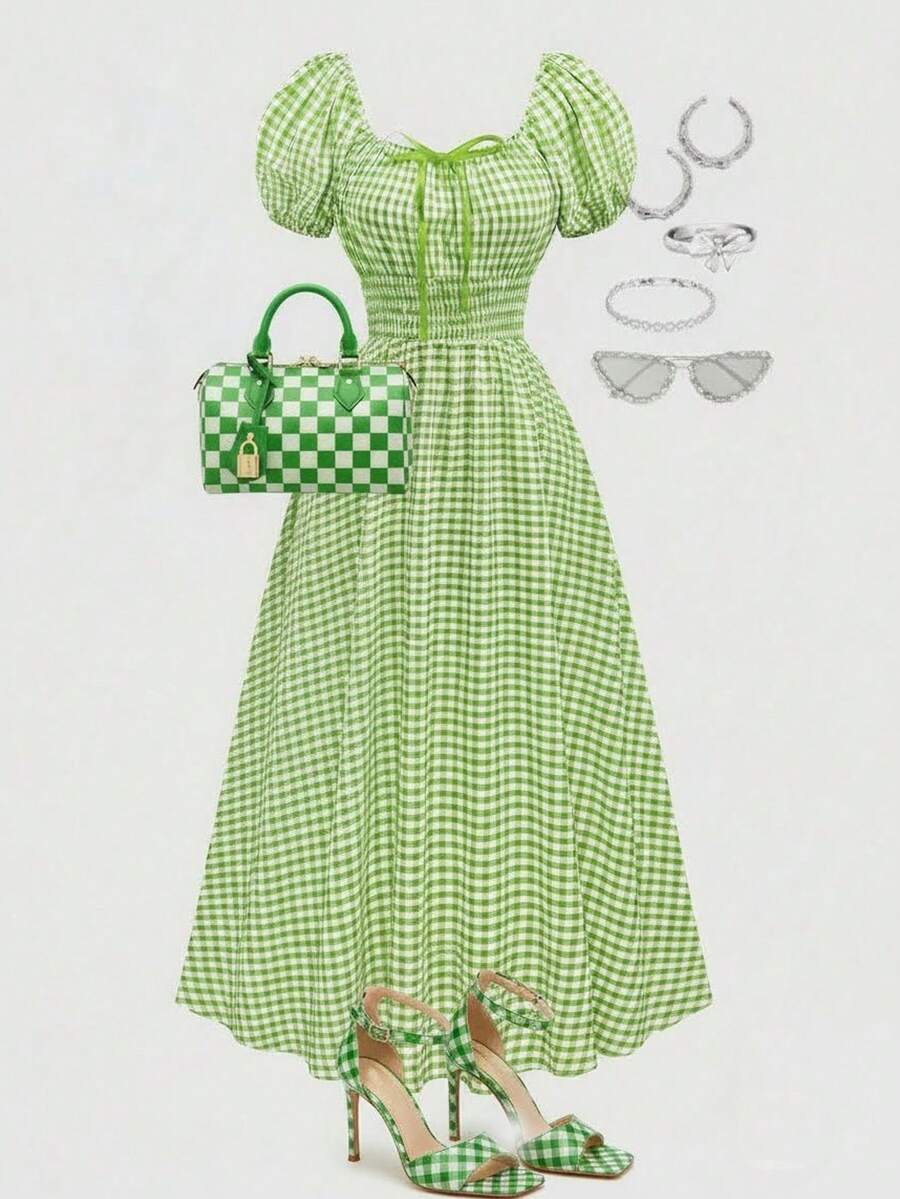 Sweetra Đầm ngắn tay phồng, eo thon, họa tiết kẻ caro, trang trí nơ, dành cho nữ, cỡ lớn. - màu xanh lá - Xem 1