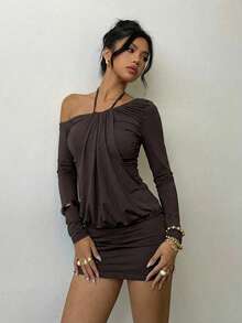 Aloruh Women's Sexy Asymmetric-Shoulder Tie-Up Mini Bodycon Long Sleeve Dress - Brown - View 7