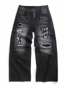 Manfinity EMRG 男士休闲水洗做旧字母印花牛仔裤 - 黑色 - 查看 1