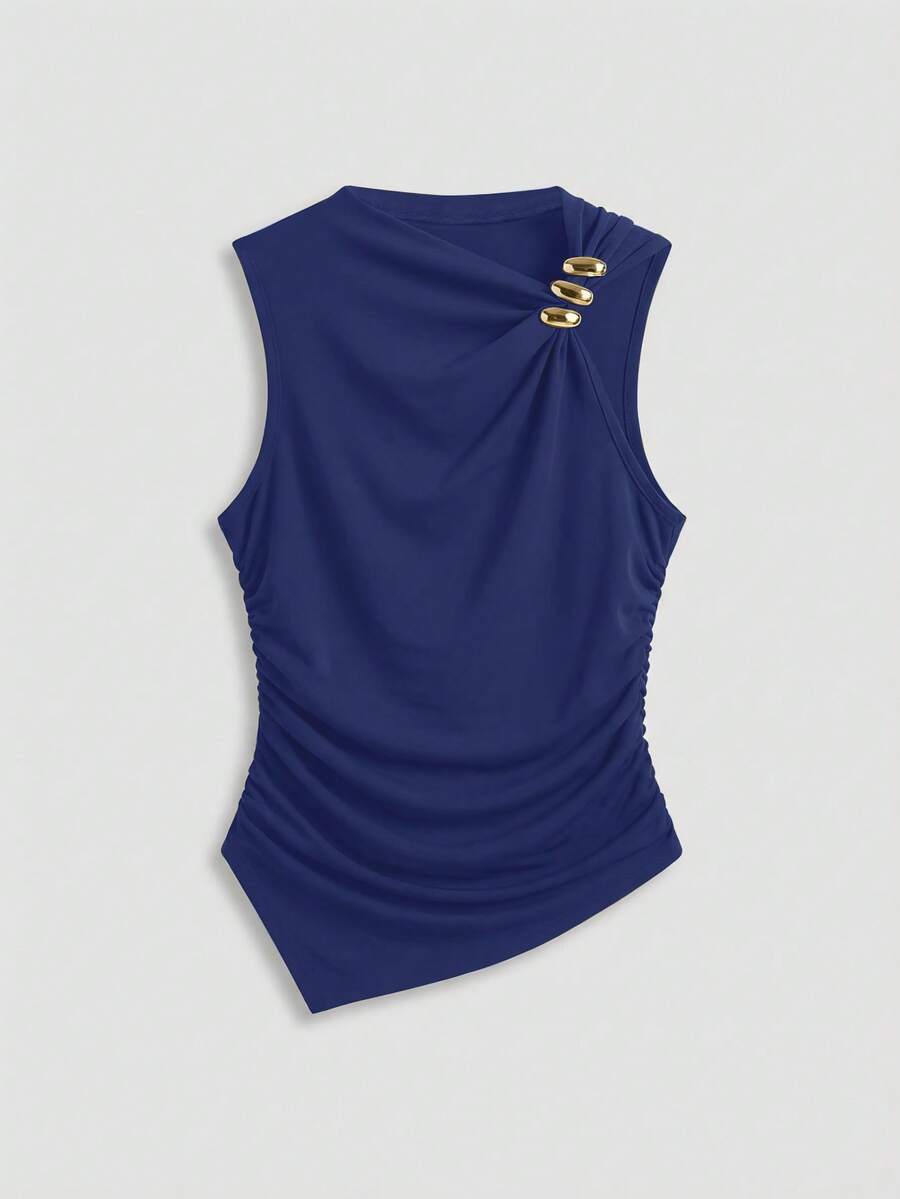 Franclia Áo tank top dệt kim màu xanh dương dành cho nữ, kiểu dáng xếp ly, không tay, vạt áo bất đối xứng. - Màu xanh lam - Xem 1