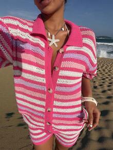 Almamuse 女士基础款时尚度假条纹领镂空极简撞色毛衣夏季罩衫套装 - 彩色 - 查看 1