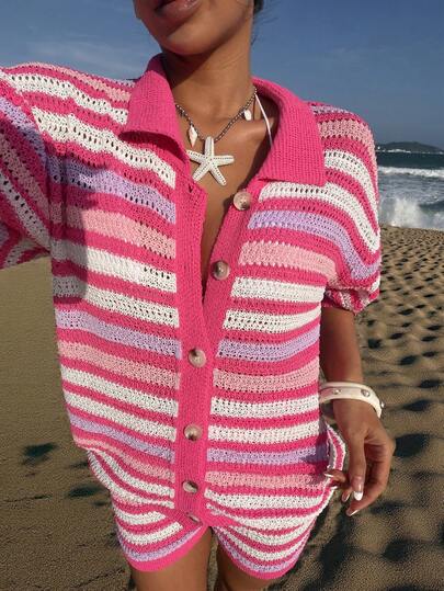 Almamuse 女士基础款时尚度假条纹领镂空极简撞色毛衣夏季罩衫套装