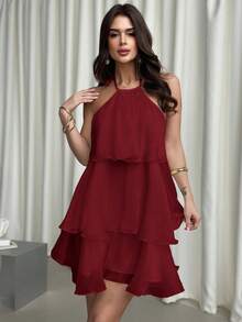 SHEIN Tall CURVE Plus Size Women Solid Color Multi-Layer Ruffle Neck Dress Curve Dresses Ruffle Dress For Women - Red - View 3