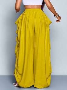 SOLERSUN 女士纯色休闲宽松抽绳裤，带抽绳口袋，松紧腰带，纯色，适合日常通勤和度假，圣帕特里克节，复活节，音乐节，四叶草，街头风格，海滩度假，野餐，时尚百搭的日常通勤下装，西部风格，波西米亚风格，端庄，仙气十足。 - 芥末黃 - 查看 3