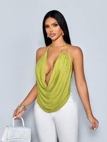 SOLERSUN Elegant And Sexy Solid Color Jacquard Halter Neck Top/Tank Top For Women, Perfect For A Valentine's Day Date. - Green - View 3