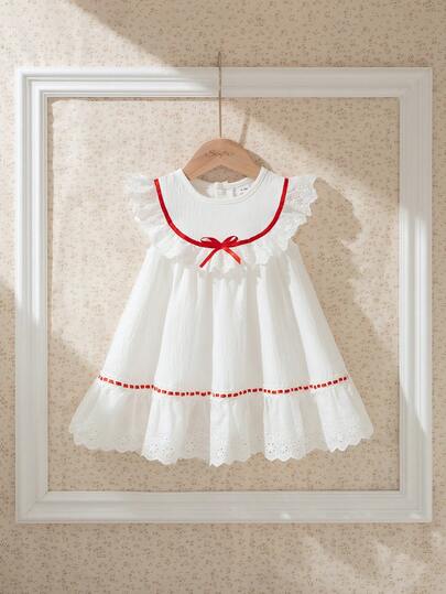 Souflis Souflis Baby Girls' Summer New White Textured Flutter Sleeve Ruffle Collar Red Trim Bow Decor Back Button Closure Casual Princess Dress