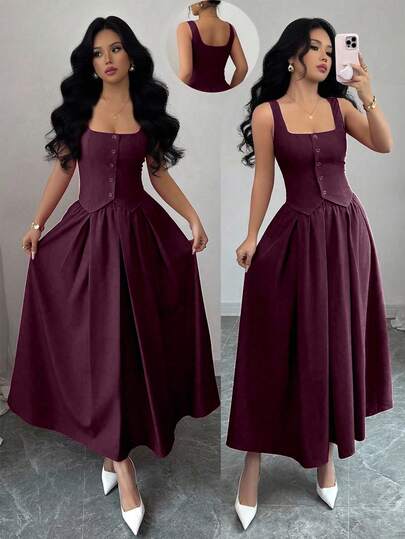 Rafferiza Women's Fashion Sleeveless Square Neck Single-Breasted Vest And Pleated Flared Skirt 2-Piece Set, Versatile For Daily Wear