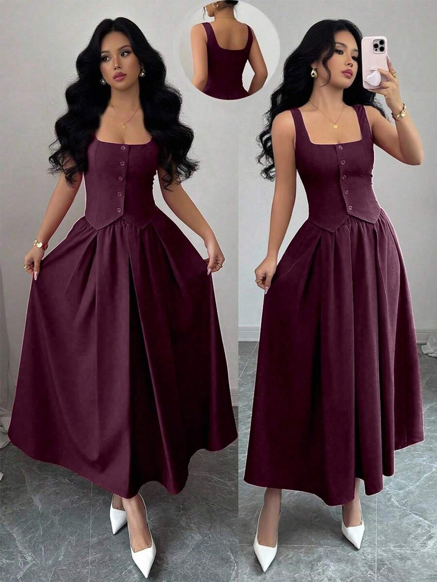 Rafferiza Conjunto de 2 piezas de mujer con chaleco sin mangas de cuello cuadrado de un solo botonadura y falda plisada acampanada, versátil para uso diario - Rojo violeta - Ver 1